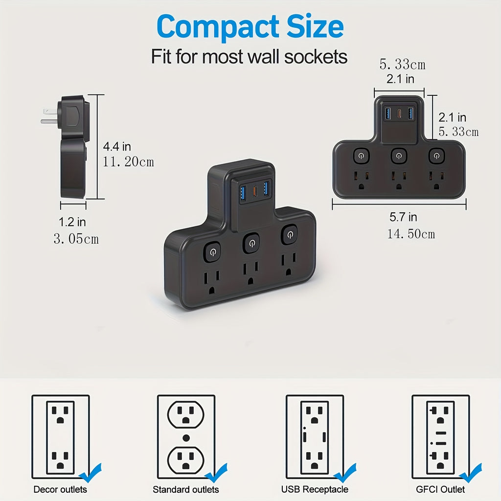 ZenDock Multi-Switch Hub: 3 AC Outlets + 3 USB Ports