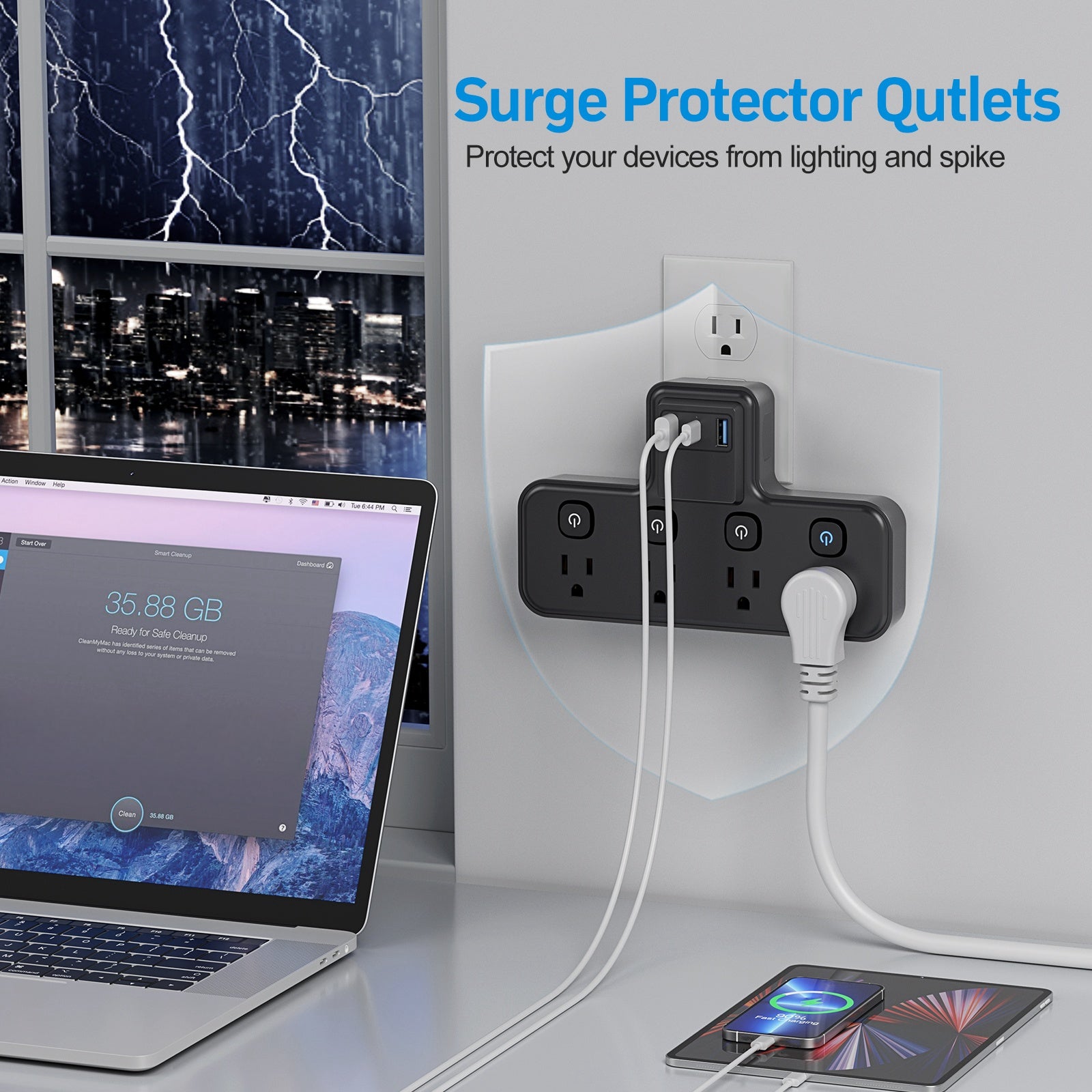 ZenDock Multi-Switch Hub: 3 AC Outlets + 3 USB Ports